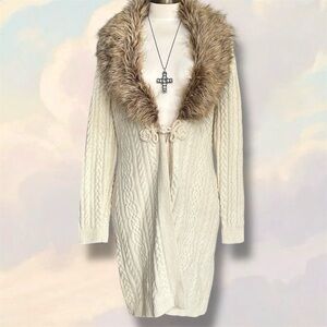 2000s Y2K Ralph Lauren cream knit long cardigan with faux fur trim